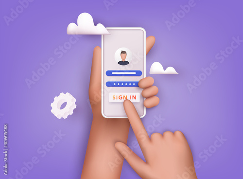 Sign in to online account on smartphone app. User interface. Secure login and password.  3D Vector Illustrations.