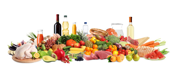 Assortment of fresh organic products on white background. Balanced food