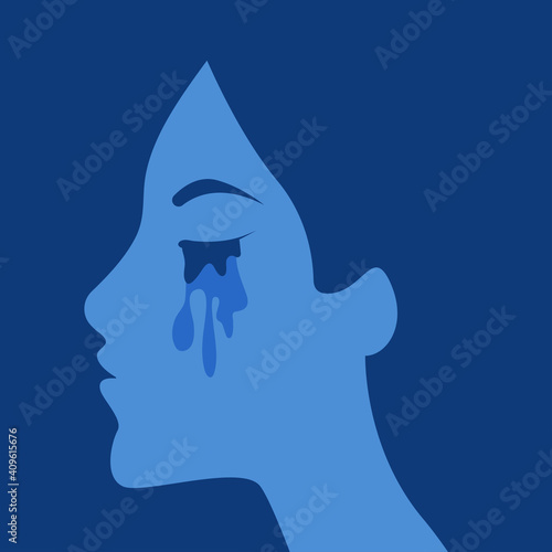 Sad woman with drop on her face. Profile depressed girl