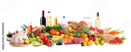 Assortment of fresh organic products on white background. Balanced food