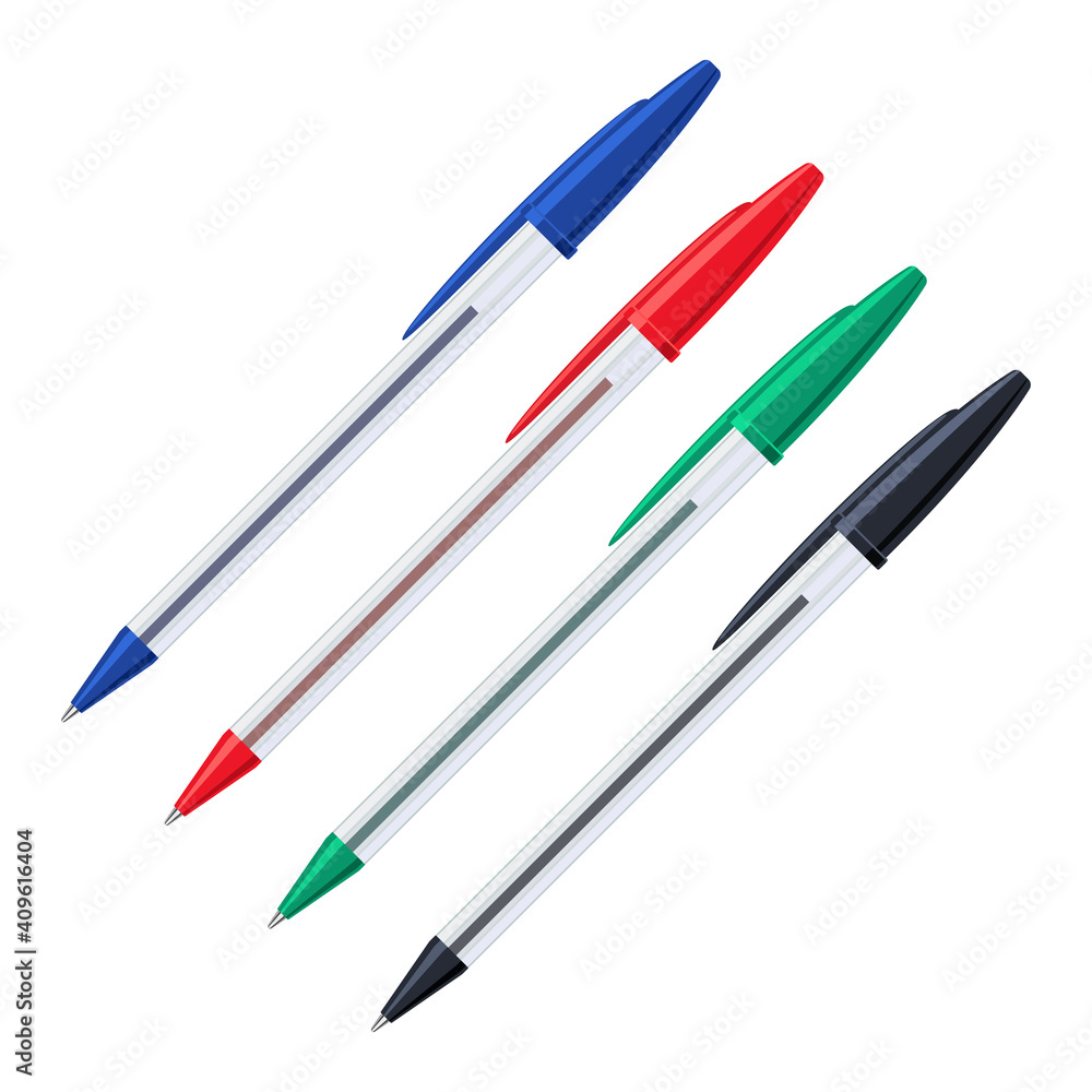Common colored ballpoint pens in transparent plastic cases with caps set. Vector illustration Common colored ballpoint pens in transparent plastic cases with caps set. Vector illustration