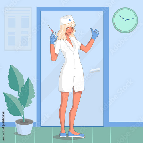 A nurse with a syringe in her hand on the background of the door and the clock.