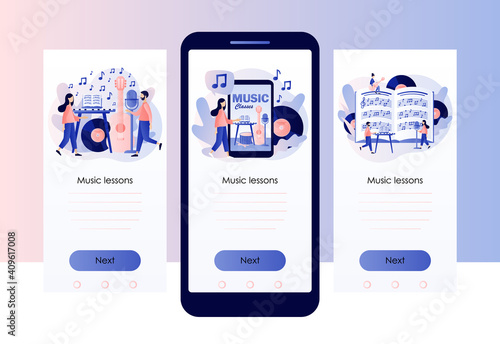 Music and vocal lessons. Online education. Tiny musicians with music notebook, microphone, guitar, keyboard, drum. Screen template for mobile smart phone.Modern flat cartoon style. Vector illustration