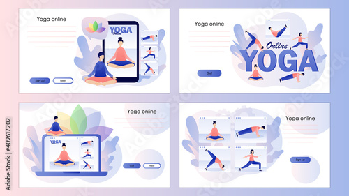 Yoga online. Tiny people watching online classes, practicing hatha yoga, meditation. Screen template for mobile smart phone, landing page, template, ui, web, mobile app, poster, banner, flyer. Vector 