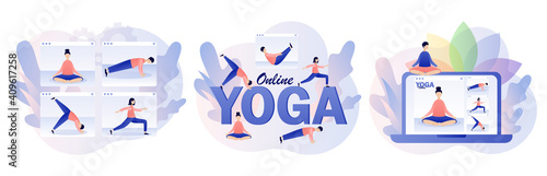 Yoga online. Tiny people watching online classes, practicing hatha yoga, meditation. Stay home concept. Modern flat cartoon style. Vector illustration on white background