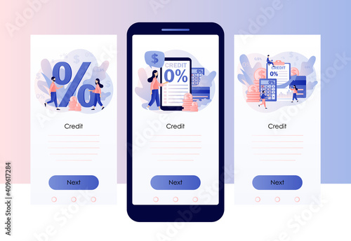 Bank credit concept. Percent, good interest rate, interest-free. Finance management. Tiny people signing loan agreement. Screen template for mobile smart phone. Modern flat cartoon style. Vector