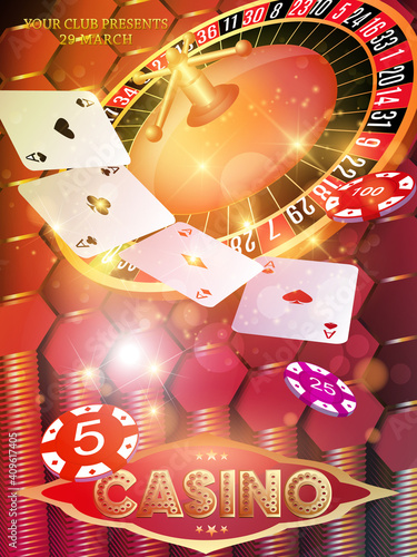 Casino roulette wheel, chips, playing cards isolated on geometric shapes 3d background. 3d realistic vector illustration with light effect. Online poker casino roulette gambling concept design.
