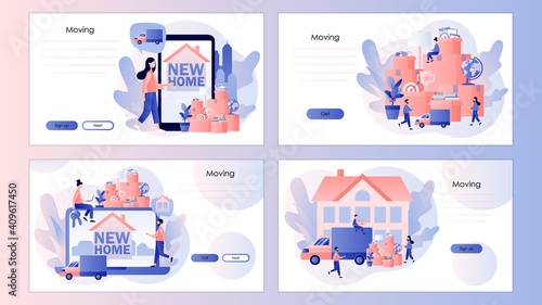 Moving concept. Tiny people moved to new home. Cardboard boxes with various things. Screen template for mobile smart phone, landing page, template, ui, web, mobile app, poster, banner, flyer. Vector 