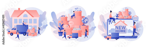 Moving concept. Tiny people moved to new home. Cardboard boxes with various things. Transporting things and objects in the truck. Modern flat cartoon style. Vector illustration on white background