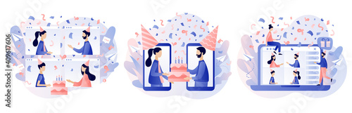 Online party. Quarantine birthday. Self-isolation party. Tiny people in festive hats celebrating online birthday party. Modern flat cartoon style. Vector illustration on white background