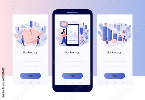Business bankruptcy. Broken piggy bank. Economical loan payback problem, investment failure and budget collapse. Screen template for mobile smart phone. Modern flat cartoon style. Vector illustration