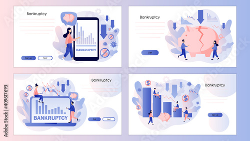 Business bankruptcy. Broken piggy bank. Economical loan payback problem. Screen template for mobile smart phone, landing page, template, ui, web, mobile app, poster, banner, flyer. Vector illustration