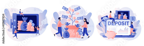 Deposit concept. Longterm money saving finance. Tiny people put money in bank safe with dollars. Bank account, banking, bank security, safety, money tree.Modern flat cartoon style. Vector illustration