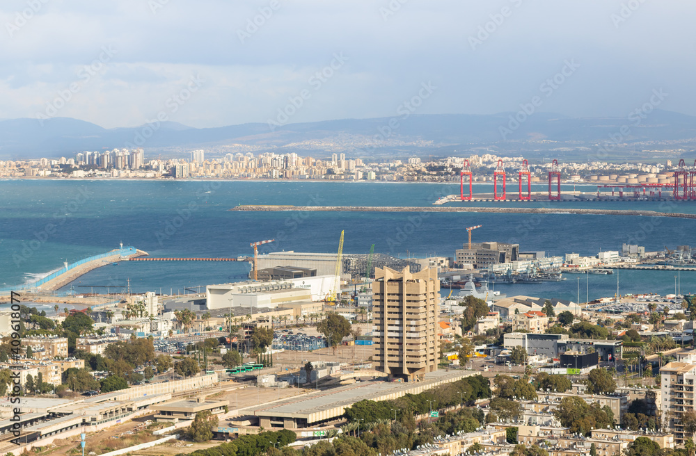 View from Mount Carmel to the downtown, the port and the Mediterranean Sea and Haifa city, in Israel.