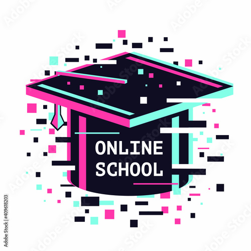 Online school icon. E-learning emblem. Internet study concept. Digital university vector illustration.