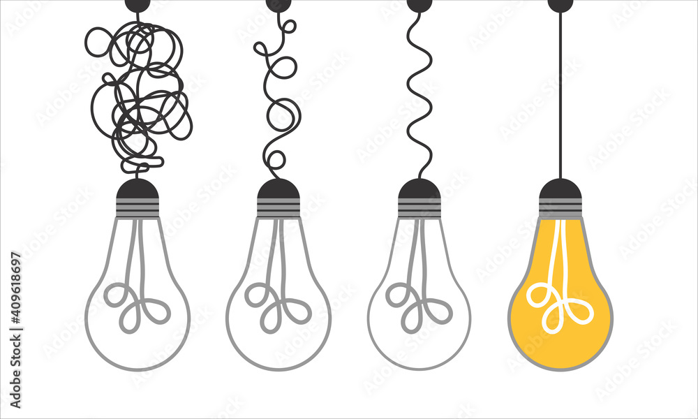 Simplification concept art with light bulb idea. Simple and creative think or search creative idea. Difficulty curve doodle path chaos. Untangle curve complex scribble vector illustration. Problem way Simplification concept art with light bulb idea. Simple and creative think or search creative idea. Difficulty curve doodle path chaos. Untangle curve complex scribble vector illustration. Problem way
