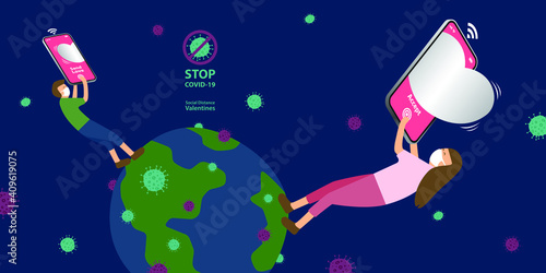 Valentines Day in COVID-19 period with virus on earth and in space, boy virtually sending girl a heart across continent of the world, smartphone with love delivery system, smart technology concept.