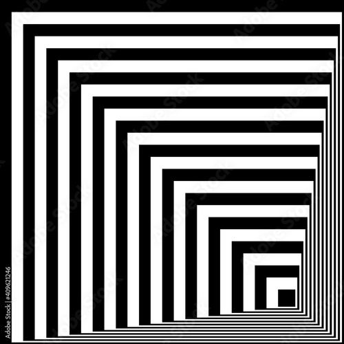 Black white line distortion illusion design. Geometric stripped pattern. Vector monochrome background.