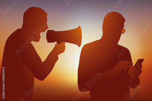 Concept de l’addiction aux réseaux sociaux avec un homme coupé du monde, qui communique avec son smartphone et un autre qui l’interpelle avec un mégaphone.
