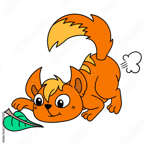 orange cat playing with a leaf, doodle icon image kawaii