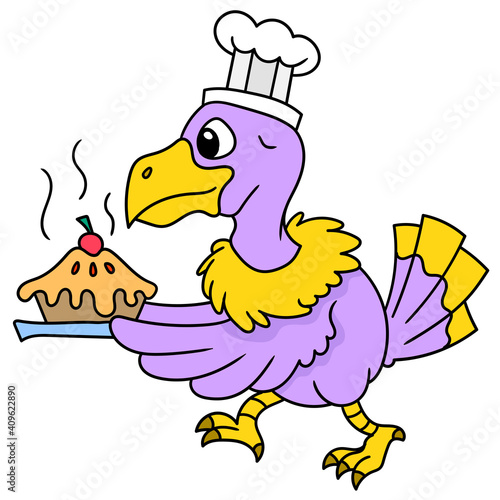 The chef crow serves pie food, doodle icon image kawaii