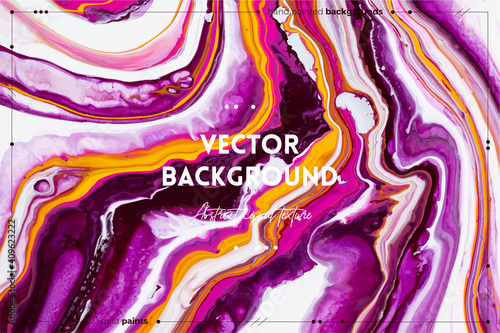 Fluid art texture. Abstract backdrop with iridescent paint effect. Liquid acrylic picture with flows and splashes. Mixed paints for background or poster. Purple, orange and white overflowing colors