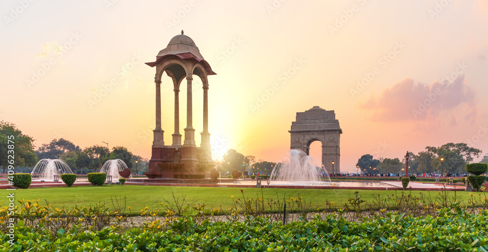 The India Gate and the Canopy at sunset in New Delhi, view from the National War Memorial