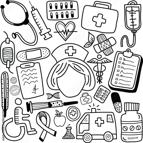 Hand drawn doodle nurse icon set vector illustration sketch nurses and medical stuffs. Hand drawing styles for medical and health care items. Medical hospital concept in cartoon design