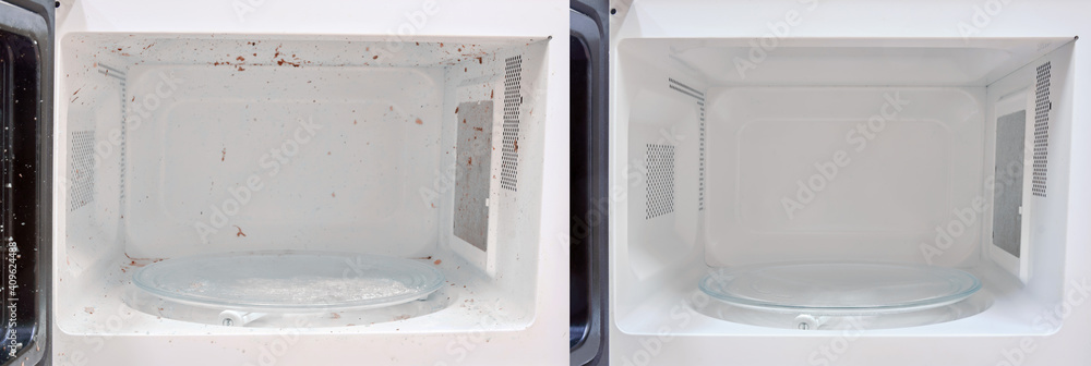 Clean and dirty microwave before and after cleaning, close-up. Kitchen appliances after washing and cleaning. Clean and dirty microwave before and after cleaning, close-up. Kitchen appliances after washing and cleaning.