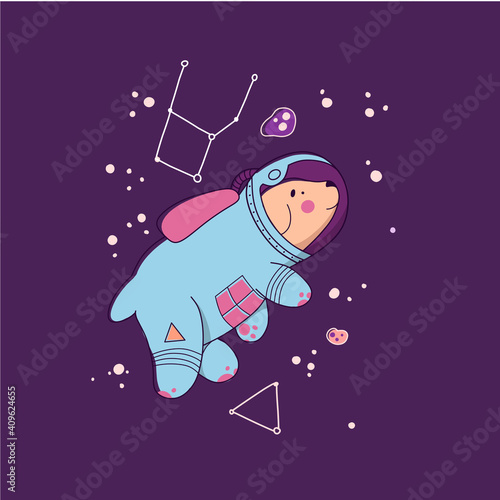 Dog space astonaut in doodle style. Flat Vector cartoon illustration