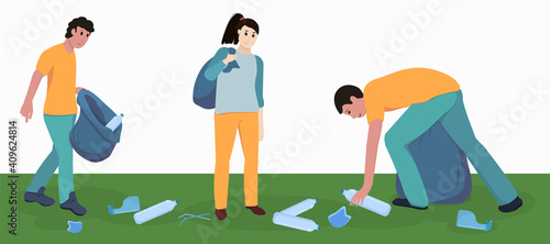 people collect garbage, the concept of caring for the environment, ecology and avoiding the use of disposable plastic