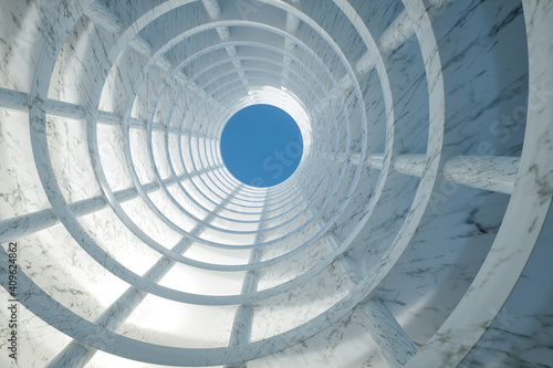 Fototapeta Naklejka Na Ścianę i Meble -  3D Illustration. Low angle view of modern marble building. Architecture concept.
