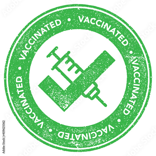 Vaccinated Rubber Stamp Icon with syringe and tick symbol. Rough eroded letterpress print texture