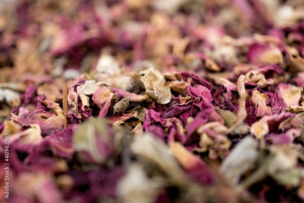 Macro texture of natural dry rose herbal tea Macro texture of natural dry rose herbal tea