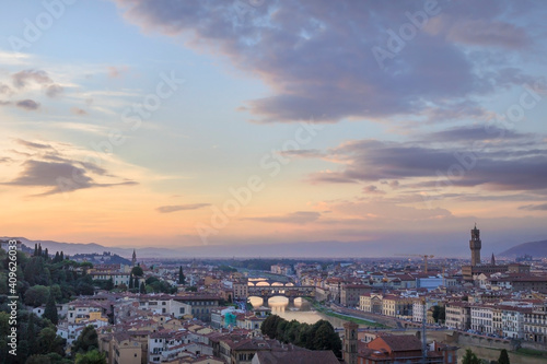 Lookout at sunset from Michelangelo Square in Florence, Italy. © Davide