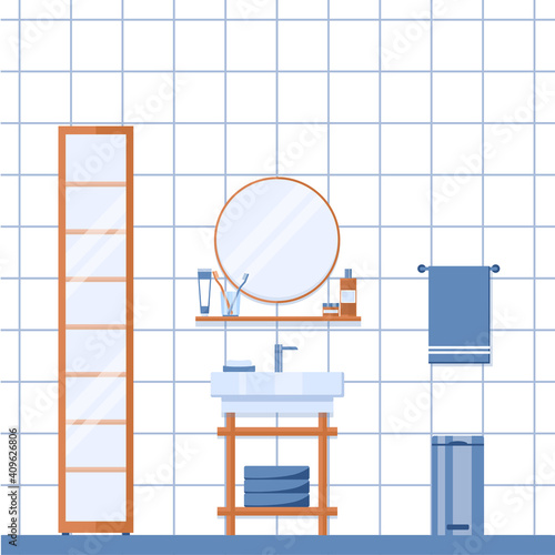 Bathroom interior. Mirror with shelf, wardrobe, sink with soap, towels, trash can in the bathroom. Cosmetics, toothpaste, a glass of toothbrushes on the shelf. Vector illustration flat style, concept
