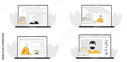 Online education set . Digital learning collection concepts. Teacher gives webinar or online video training. Vector  line art flat illustration.