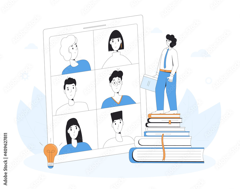 Online education. Remote learning. Teacher and students remote communication. Internet webinar, lecture or online video training. Vector color line art illustration.