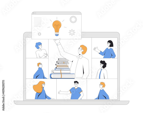 Online education. Digital learning. People talking to each other on computer screen. Teacher and students. Internet webinar or online video training. Vector line art flat illustration.