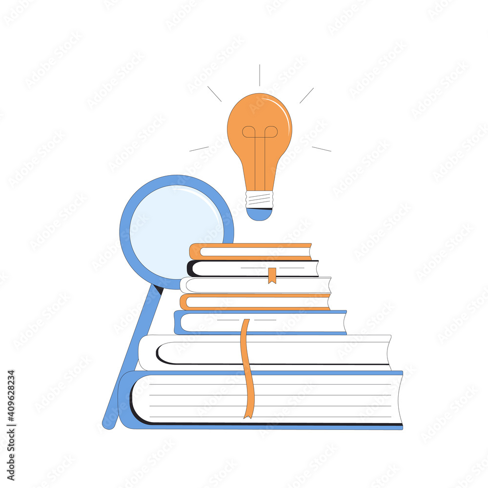 Books with lightbulb and magnifier. Knowledge, education, learning, idea symbol. Study, research. Vector color line art illustration. Books with lightbulb and magnifier. Knowledge, education, learning, idea symbol. Study, research. Vector color line art illustration.