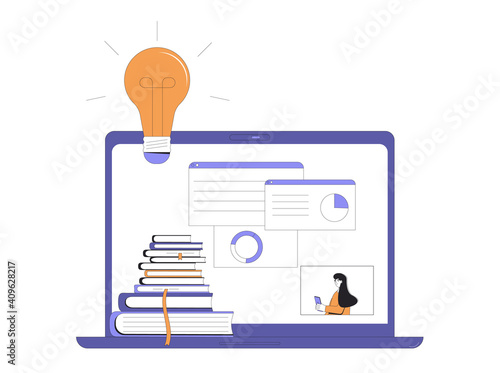 Webinar concept. Online education. Digital lesson. Expert giving report on computer screen. Teacher show a presentation. Video training. Female instructor gives a lecture. Vector illustration.