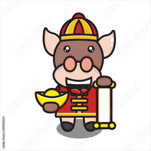 cute cow holding gold and badge, cute cow mascot in chinese new year vector eps 10