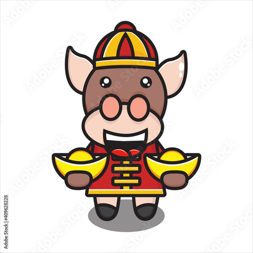 cute cow holding gold, cute cow mascot in chinese new year vector eps 10