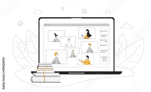 Webinar. Online education. Digital learning. People talking to each other on computer screen. Teacher and students. Internet lecture or online video training. Vector color line art  illustration.