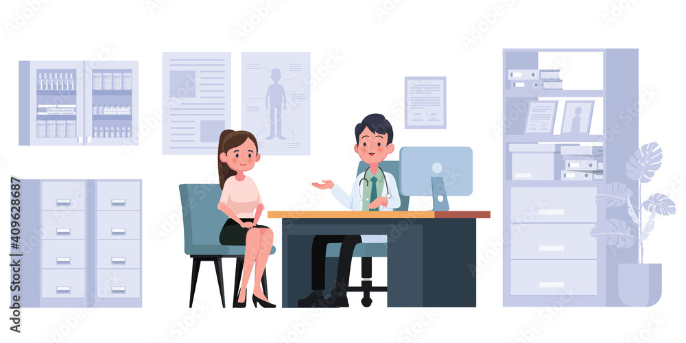 Practitioner doctor man and young woman patient in hospital medical office. Consultation and diagnosis Practitioner doctor man and young woman patient in hospital medical office. Consultation and diagnosis
