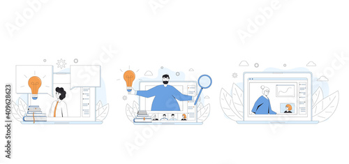 Online education set. Digital learning collection concepts. Teacher gives webinar or online video training. Vector  line art flat illustration.