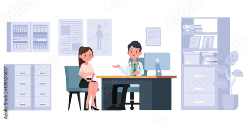 Practitioner doctor man and young woman patient in hospital medical office. Consultation and diagnosis