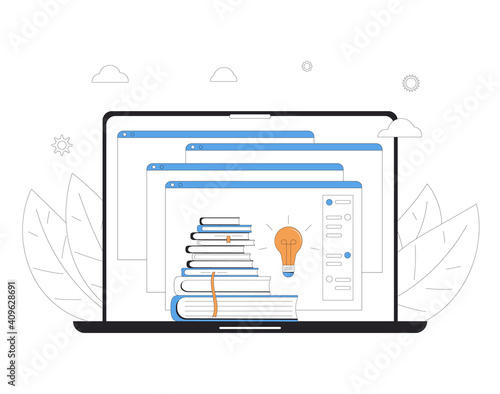 Online education. Digital learning. Internet webinar or online video training. Vector color line art illustration.