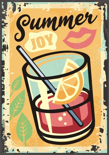 Summer joy tropical theme with exotic juice, fruits,  lips and plants. Retro sign design summer activities. Relaxation and vacation vector illustration. Smoothie label.