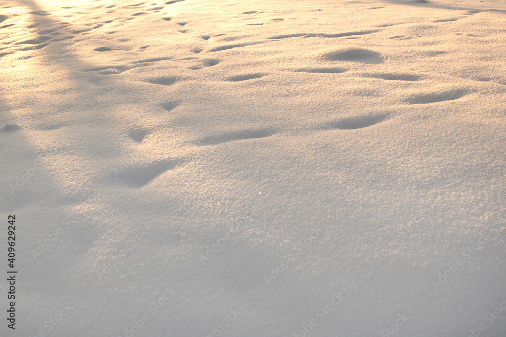 White fresh snow with sunlight on the snow texture detail background with place for message. Footprints in the snow White fresh snow with sunlight on the snow texture detail background with place for message. Footprints in the snow